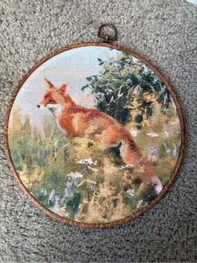 Vintage Fox Cross Stitch Wall Art Wood Frame Cottagecore Decor